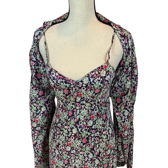 Floral Mock Jacket Long Sleeve Maxi Dress - Black Pink Green - size 0 - Picture 2 of 7